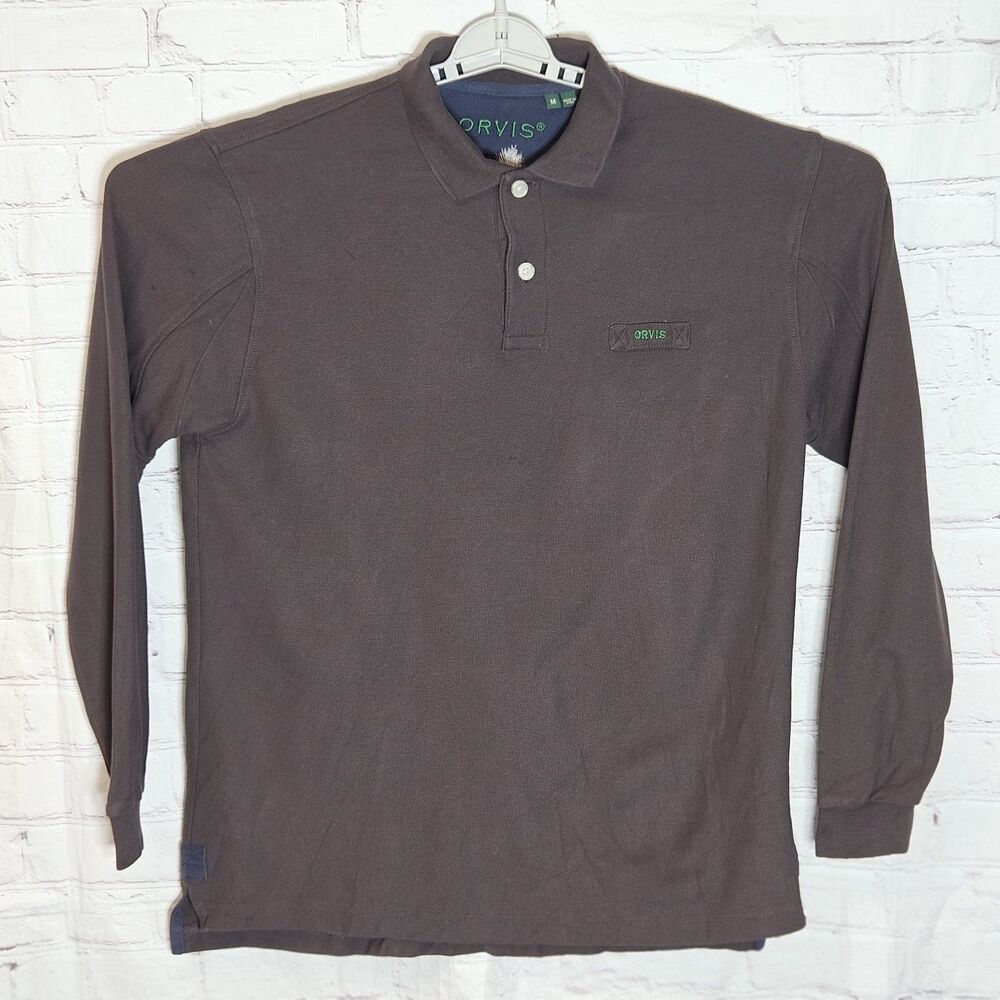 Orvis Long Sleeve Polo Shirt Men's Size M Brown Cotton Pique Outdoor Casual